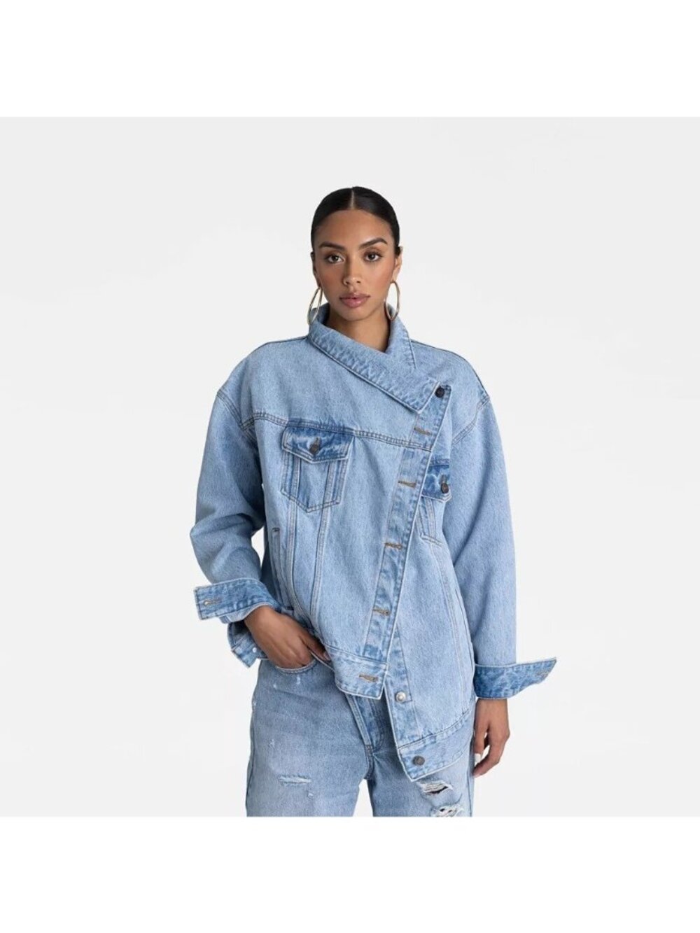 KBB by Kahlana The Denim Jacket Asymmetrical Button Line Light Blue - Women's XL